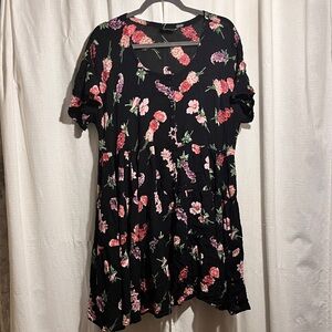 Vintage Starina Floral Black Oversized Tunic T Shirt Dress